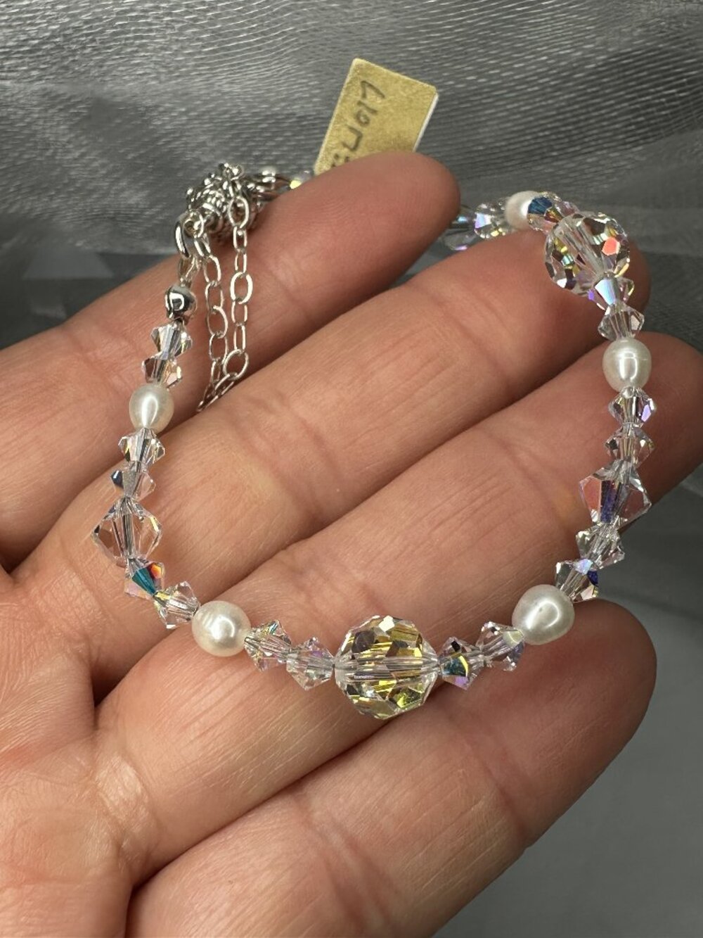 Artisan Swarovski Crystal AB & Genuine Pearl Bracelet Sterling Silver New FL1017